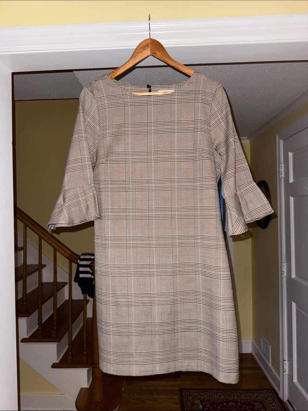 Molly Bracken Beige Plaid Midi Dress with Ruffle Sleeves